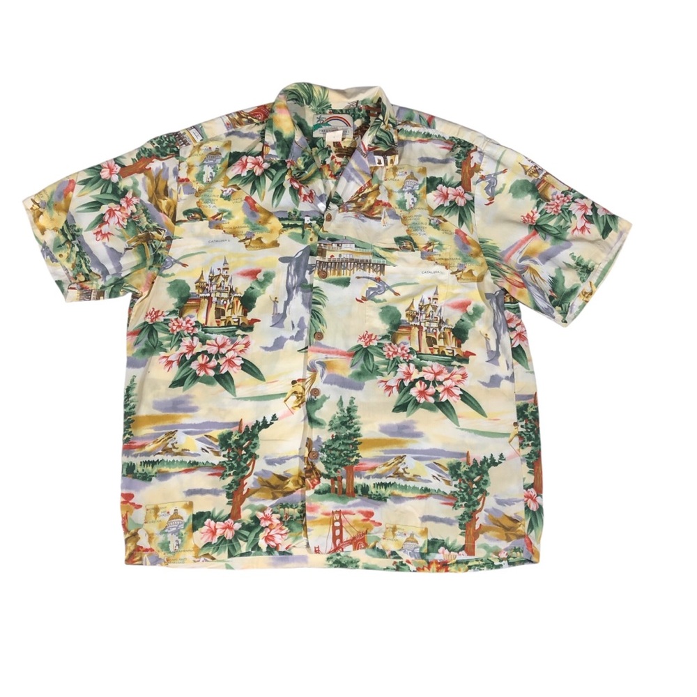 Vintage Paradise Found California Landmarks Hawaiian Button Down Shirt Large